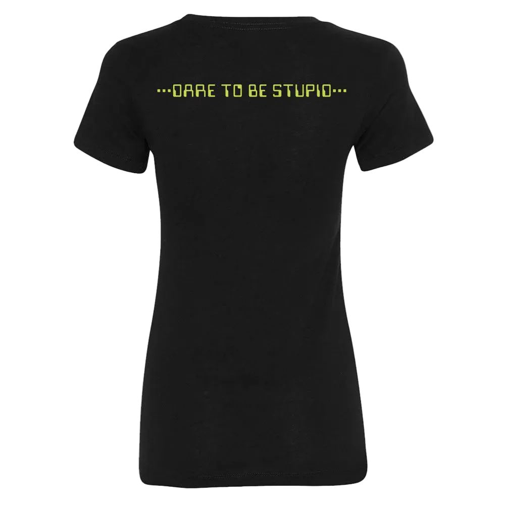 Black t-shirt with yellow text 'Dare to be stupid' on a white background
