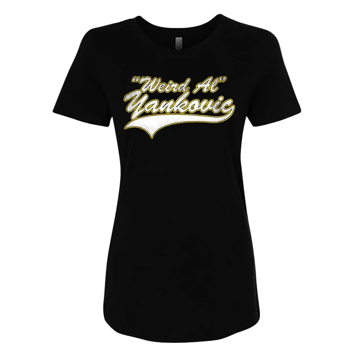 Black t-shirt with 'Weird Al Yankovic' text in yellow on a white background