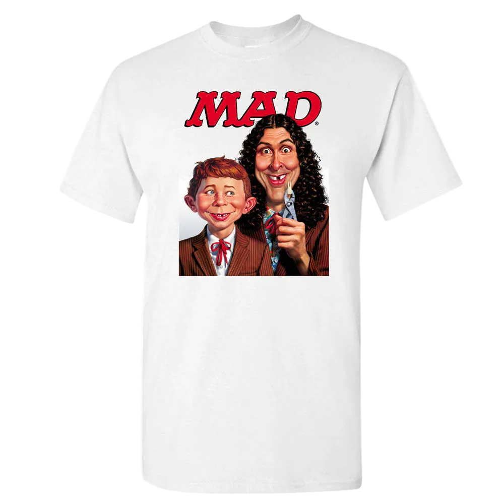 White t-shirt with a graphic of two characters and the word 'MAD' on a white background