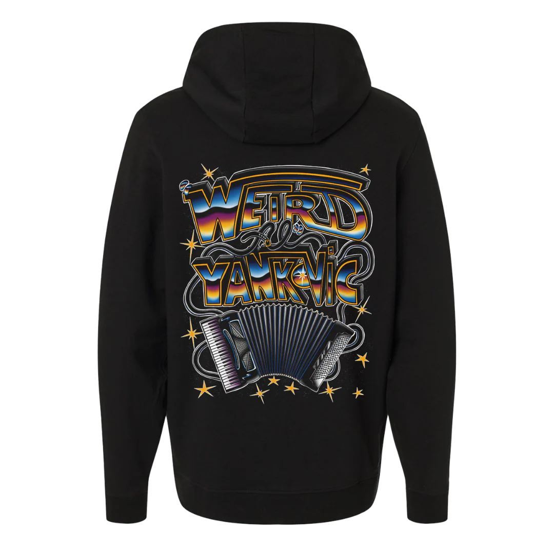 Black hoodie with colorful graphic design on the back featuring the text 'Weird Al Yankovic' and an accordion.