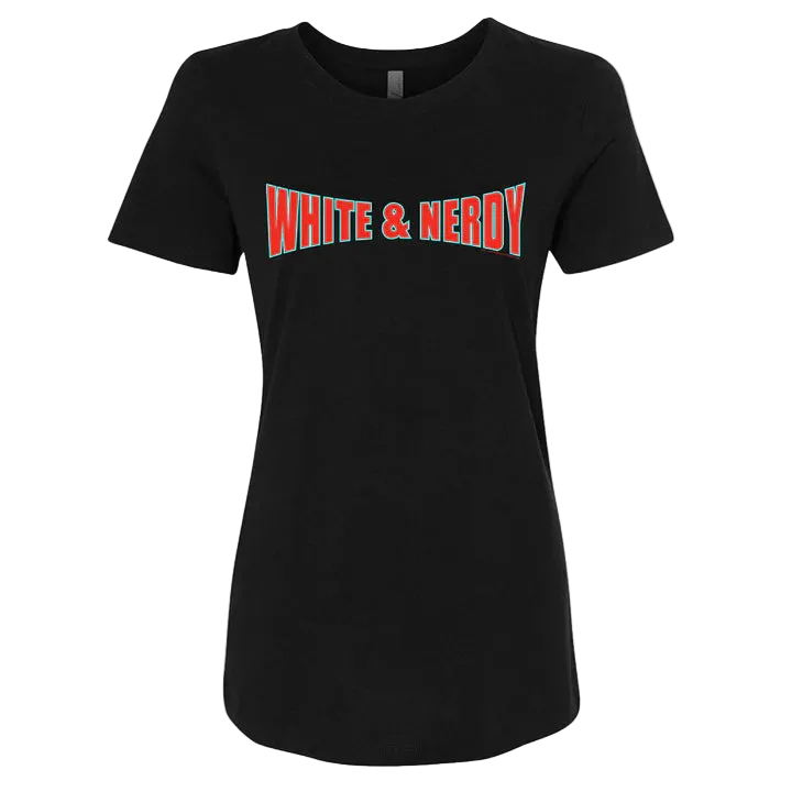 Black t-shirt with 'White & Nerdy' text in red and white on a white background