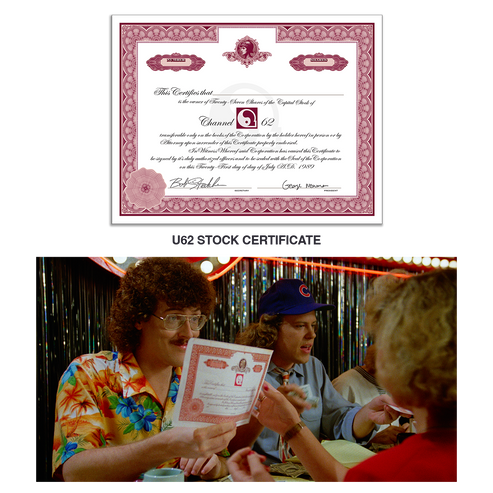 A novelty U62 stock certificate shown above a photo of people holding a similar certificate in a bar-like setting. The certificate has a decorative pink and white border with placeholder text and a small red U62 emblem.