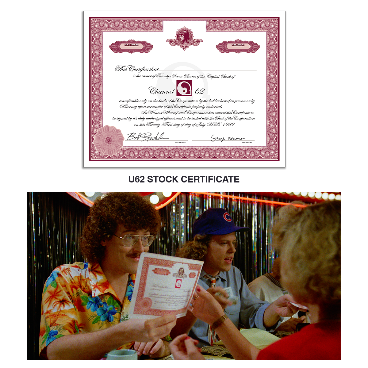 A novelty U62 stock certificate shown above a photo of people holding a similar certificate in a bar-like setting. The certificate has a decorative pink and white border with placeholder text and a small red U62 emblem.