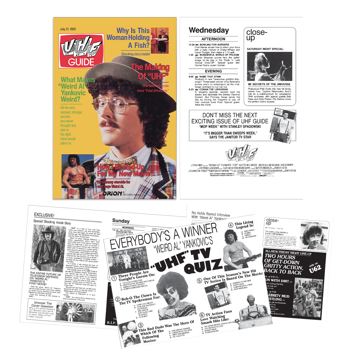 A set of printed UHF Guide magazine pages and quiz inserts laid out on a white background. The set includes a yellow cover insert, a Sunday page, a Wednesday page, and several newspaper-style quiz pages with photos, text, and advertisements.