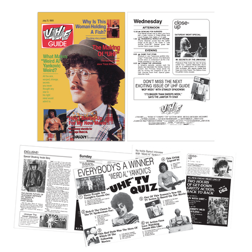 A set of printed UHF Guide magazine pages and quiz inserts laid out on a white background. The set includes a yellow cover insert, a Sunday page, a Wednesday page, and several newspaper-style quiz pages with photos, text, and advertisements.