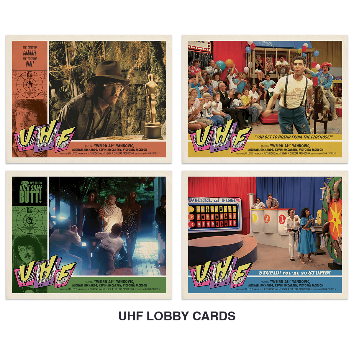 Four vintage UHF movie lobby cards for 'The Thing That Day' arranged in a 2x2 grid on a white background, with the text 'UHF LOBBY CARDS' below.