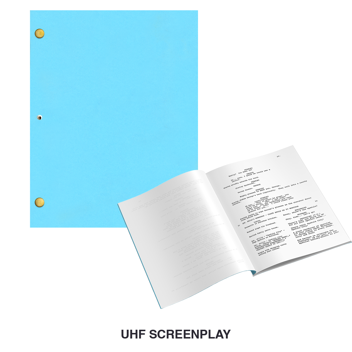 A light blue three-ring binder folder shown open with a screenplay page inside, on a white background with the text 'UHF SCREENPLAY' below.