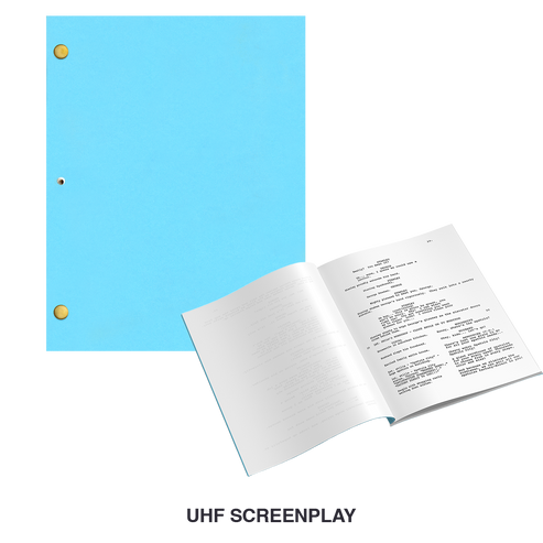 A light blue three-ring binder folder shown open with a screenplay page inside, on a white background with the text 'UHF SCREENPLAY' below.