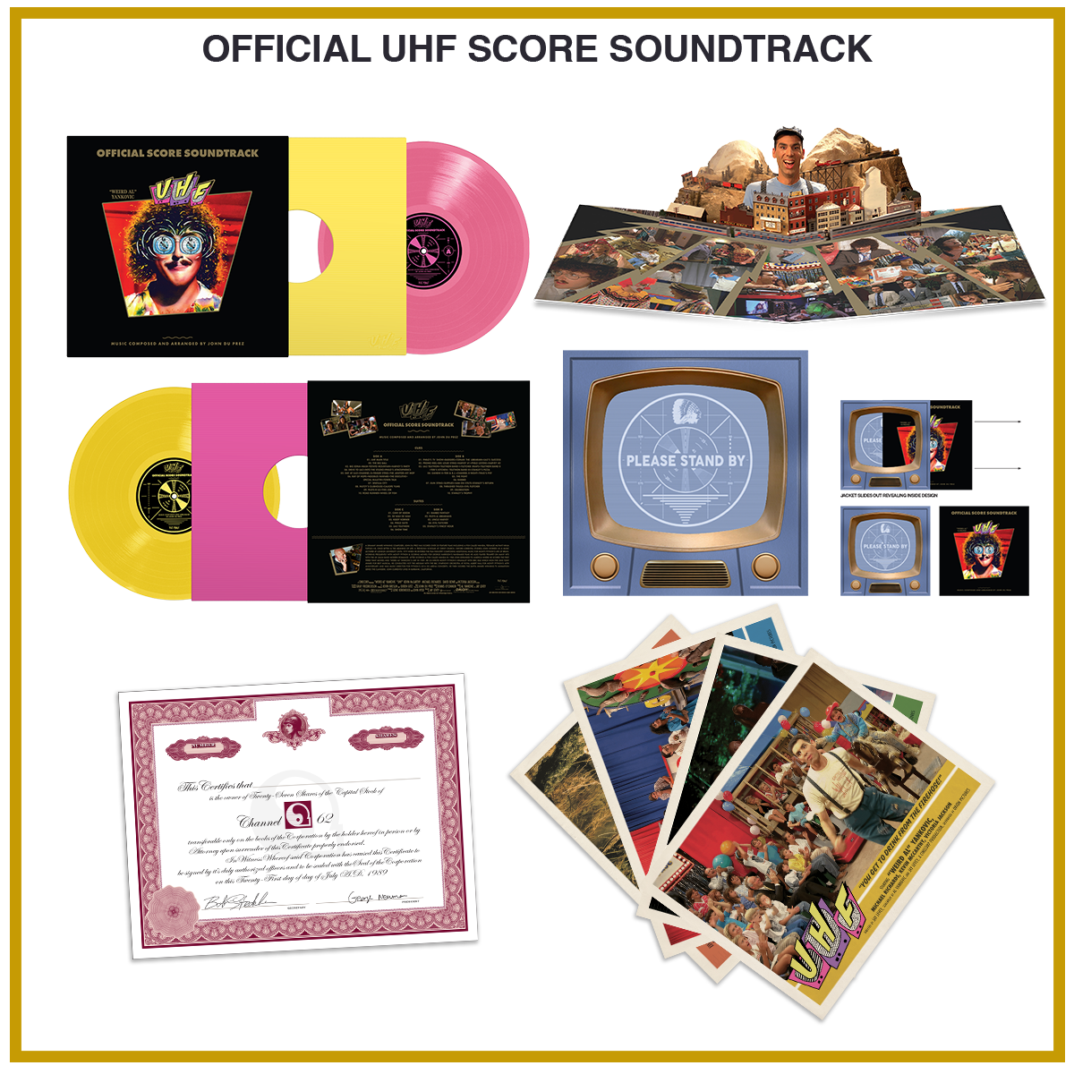 Official UHF Score Soundtrack vinyl set displayed on a white background with a gold border. The set includes a black LP with a pink inner sleeve, a yellow LP with a pink inner sleeve, a large illustrated book or booklet, several small printed cards or inserts, a blue console-style case, and a certificate.