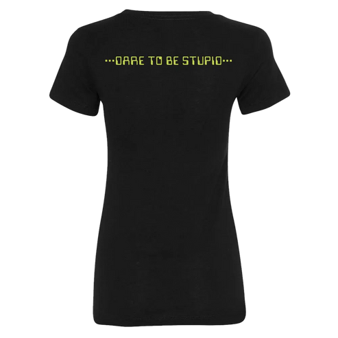 Black t-shirt with yellow text 'Dare to be stupid' on a white background