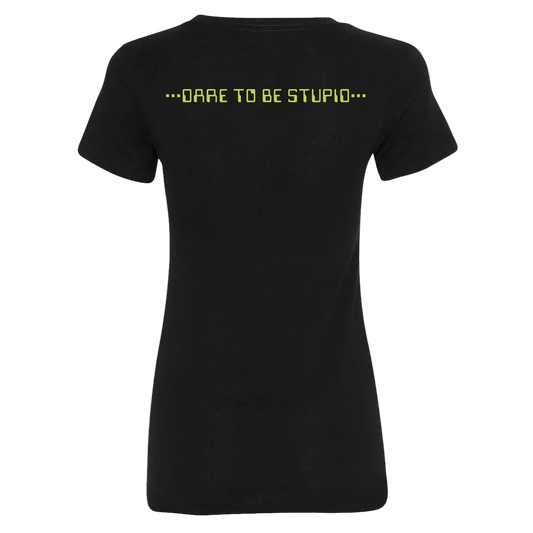 Black t-shirt with yellow text 'Dare to be stupid' on a white background