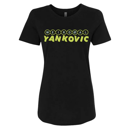 Black t-shirt with yellow text 'WEIRD AL YANKOVIC' on a white background