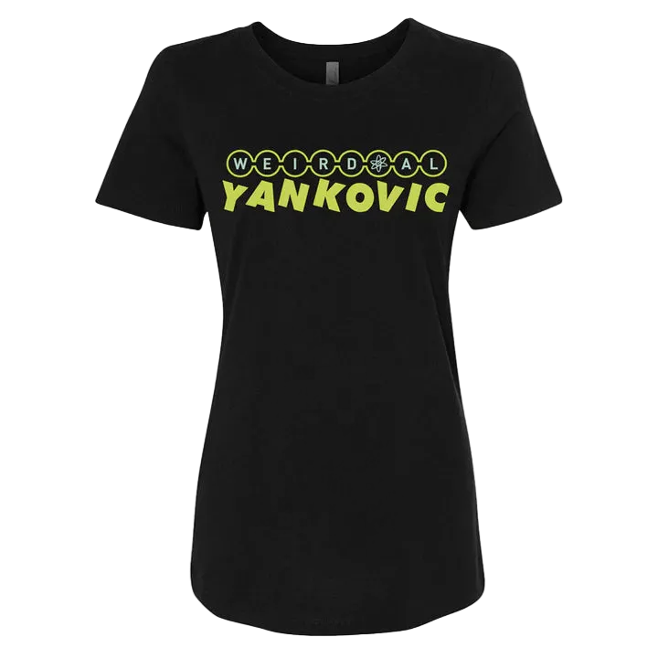 Black t-shirt with yellow text 'WEIRD AL YANKOVIC' on a white background