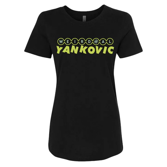 Black t-shirt with yellow text 'WEIRD AL YANKOVIC' on a white background