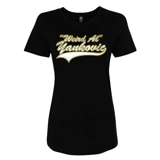 Black t-shirt with 'Weird Al Yankovic' text in yellow on a white background