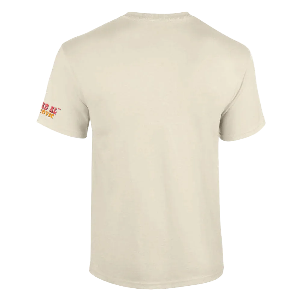Beige t-shirt with a logo on the sleeve