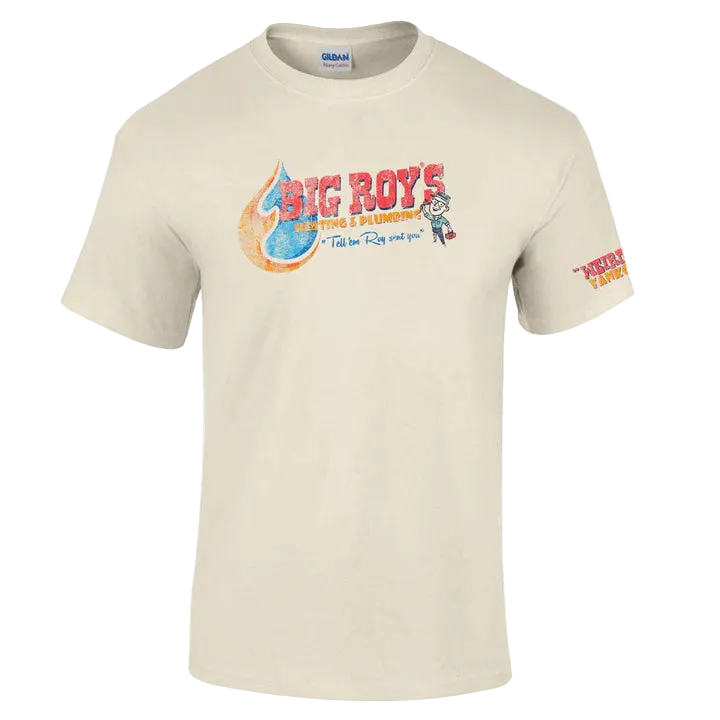 Beige t-shirt with colorful graphic and text on a white background