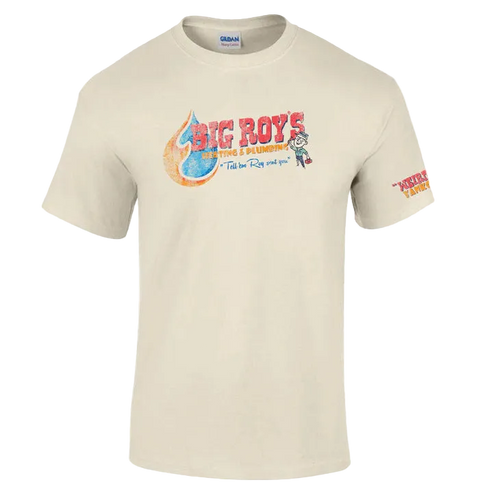 Beige t-shirt with colorful graphic and text on a white background