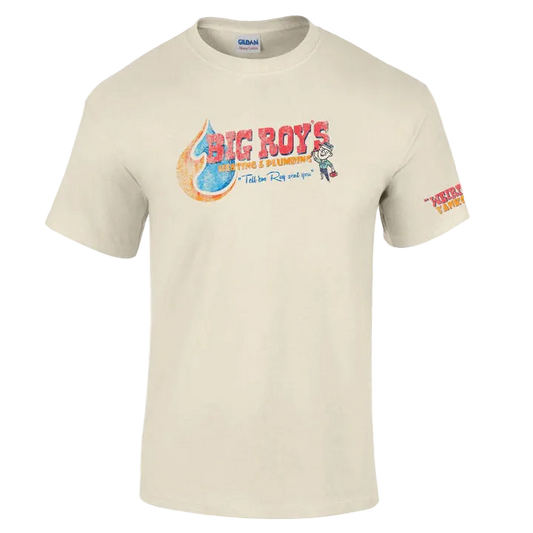 Beige t-shirt with colorful graphic and text on a white background