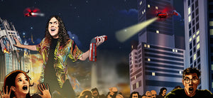 Comic book style illustration of a superhero in action with cityscape background