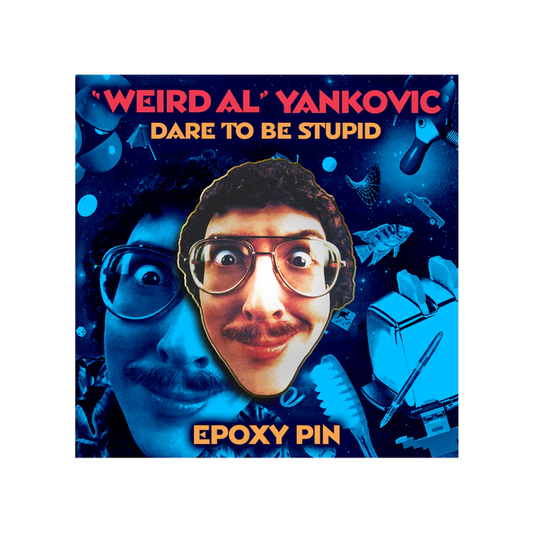 Album cover for 'Dare to Be Stupid' by Weird Al Yankovic with a stylized portrait and text.