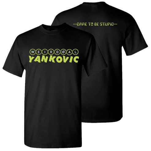 Black t-shirt with yellow text