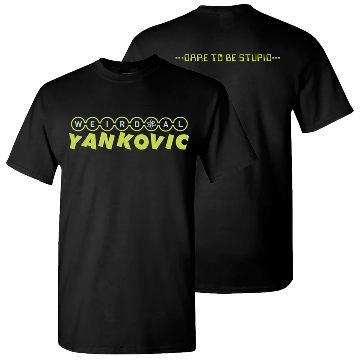 Black t-shirt with yellow text