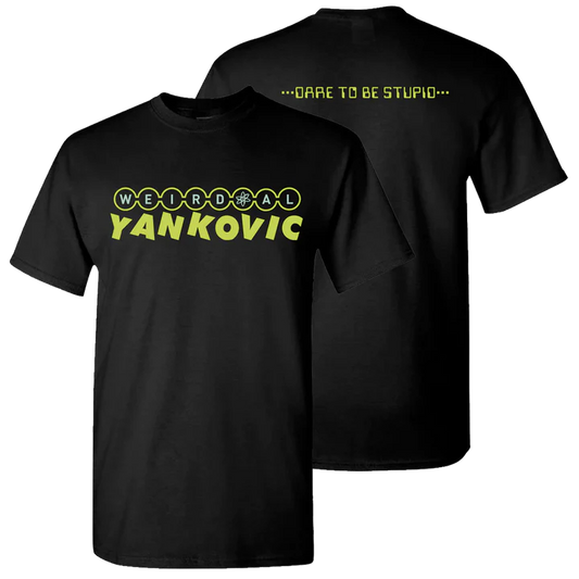 Black t-shirt with yellow text