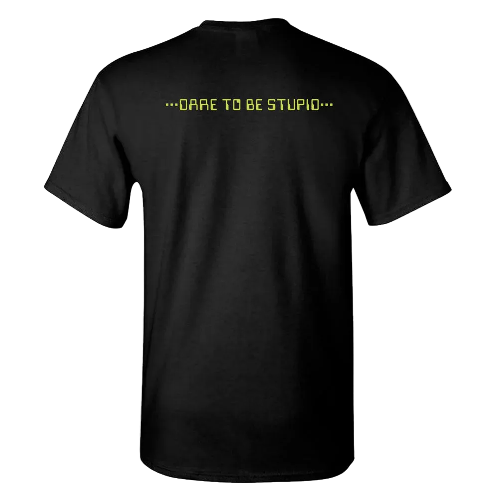 Black t-shirt with yellow text 'Dare to be stupid'