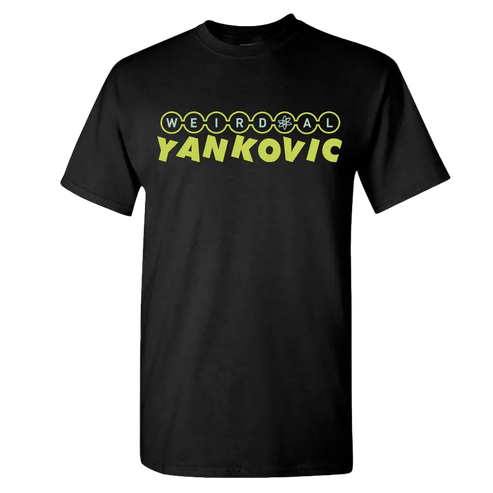 Black t-shirt with yellow text 'WEIRD AL YANKOVIC' on a white background