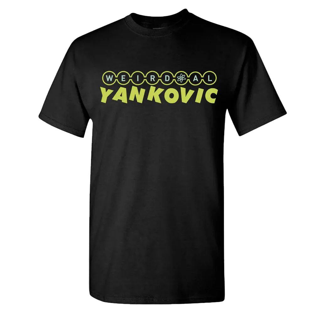 Black t-shirt with yellow text 'WEIRD AL YANKOVIC' on a white background