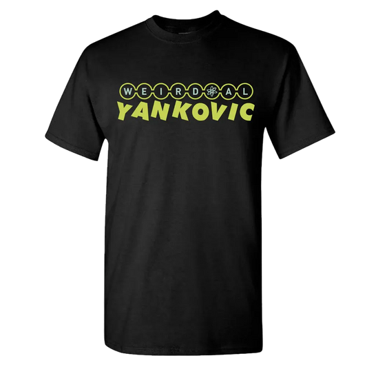 Black t-shirt with yellow text 'WEIRD AL YANKOVIC' on a white background