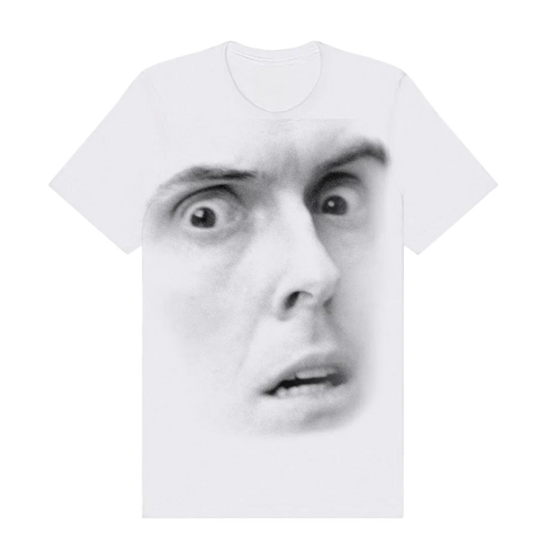 White t-shirt with a printed face design on a white background
