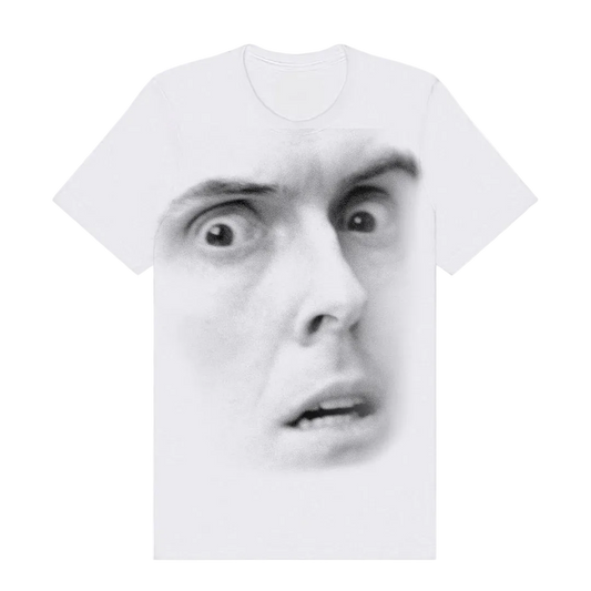 White t-shirt with a printed face design on a white background