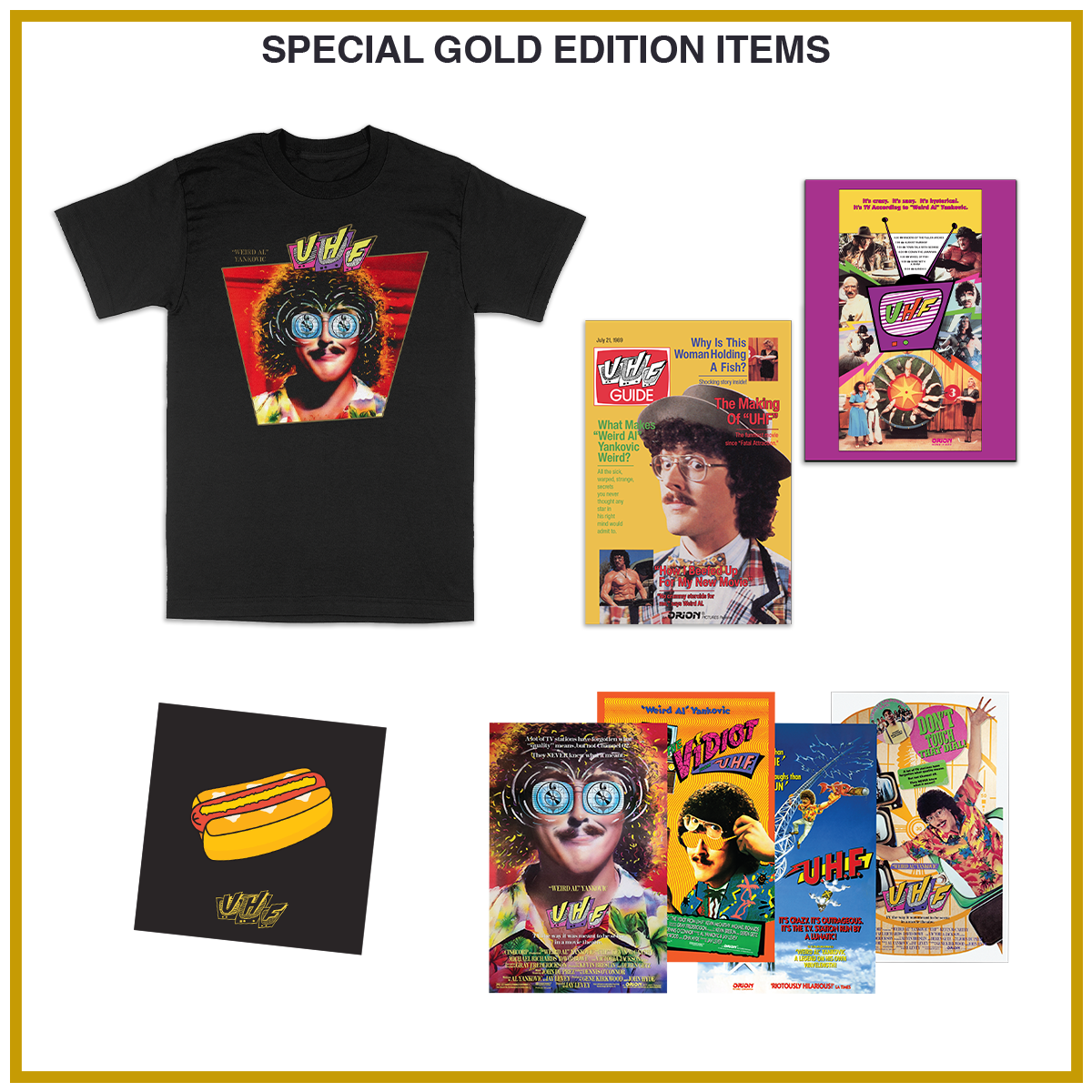 Special Gold Edition merchandise set featuring a black graphic t-shirt, a yellow 'Video Game' magazine, a purple 'Video Game World' magazine, a black hot dog card, and several colorful retro video game themed posters and art prints.
