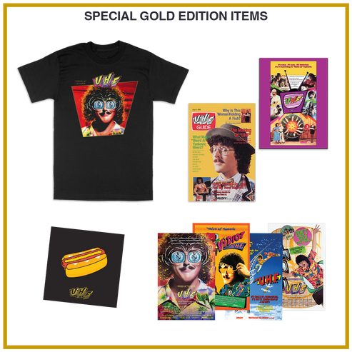 Special Gold Edition merchandise set featuring a black graphic t-shirt, a yellow 'Video Game' magazine, a purple 'Video Game World' magazine, a black hot dog card, and several colorful retro video game themed posters and art prints.