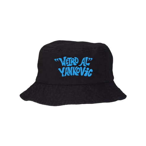 Black bucket hat with 'Weird Al Yankovic' text in blue on a white background