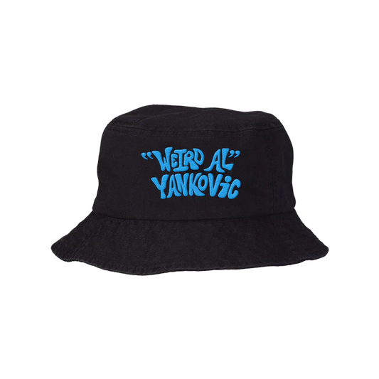 Black bucket hat with 'Weird Al Yankovic' text in blue on a white background
