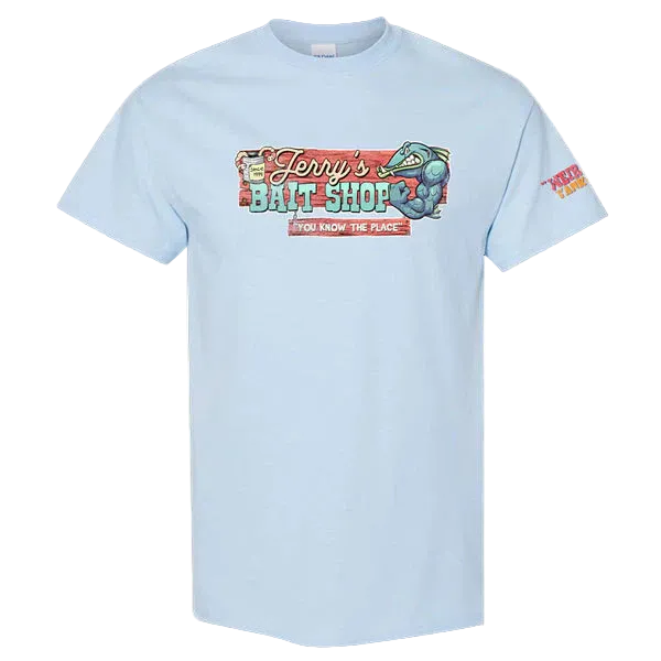 Light blue t-shirt with 'Jerry's Bait Shop' graphic