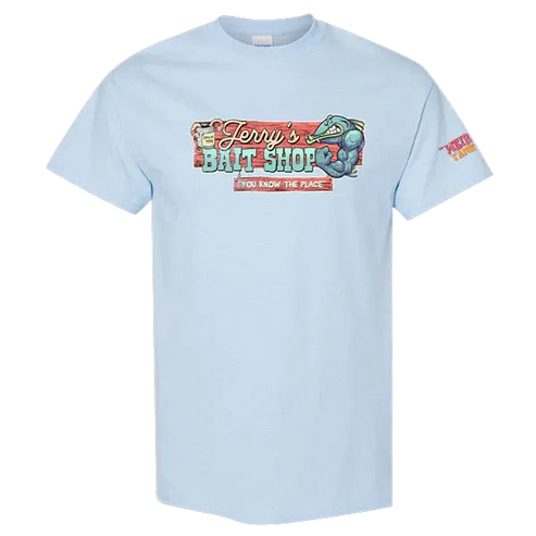 Light blue t-shirt with 'Jerry's Bait Shop' graphic