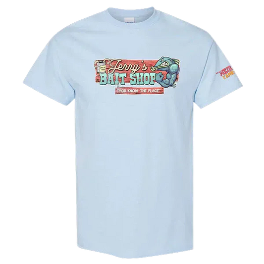 Light blue t-shirt with 'Jerry's Bait Shop' graphic