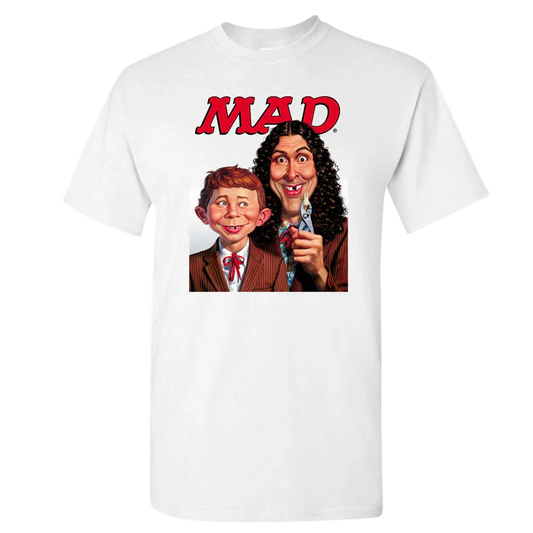 White t-shirt with a graphic of two characters and the word 'MAD' on a white background