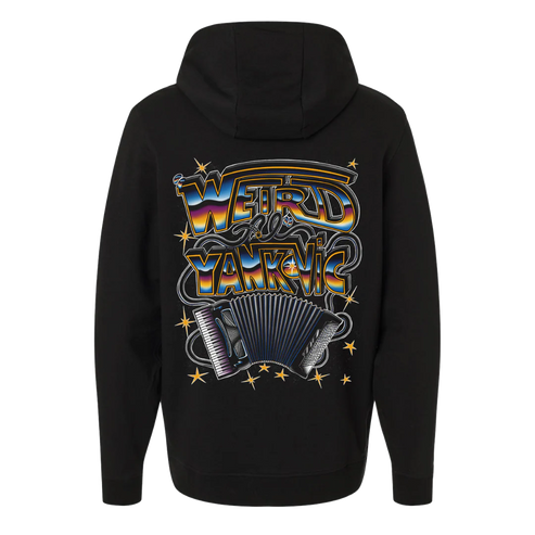 Black hoodie with colorful graphic design on the back featuring the text 'Weird Al Yankovic' and an accordion.