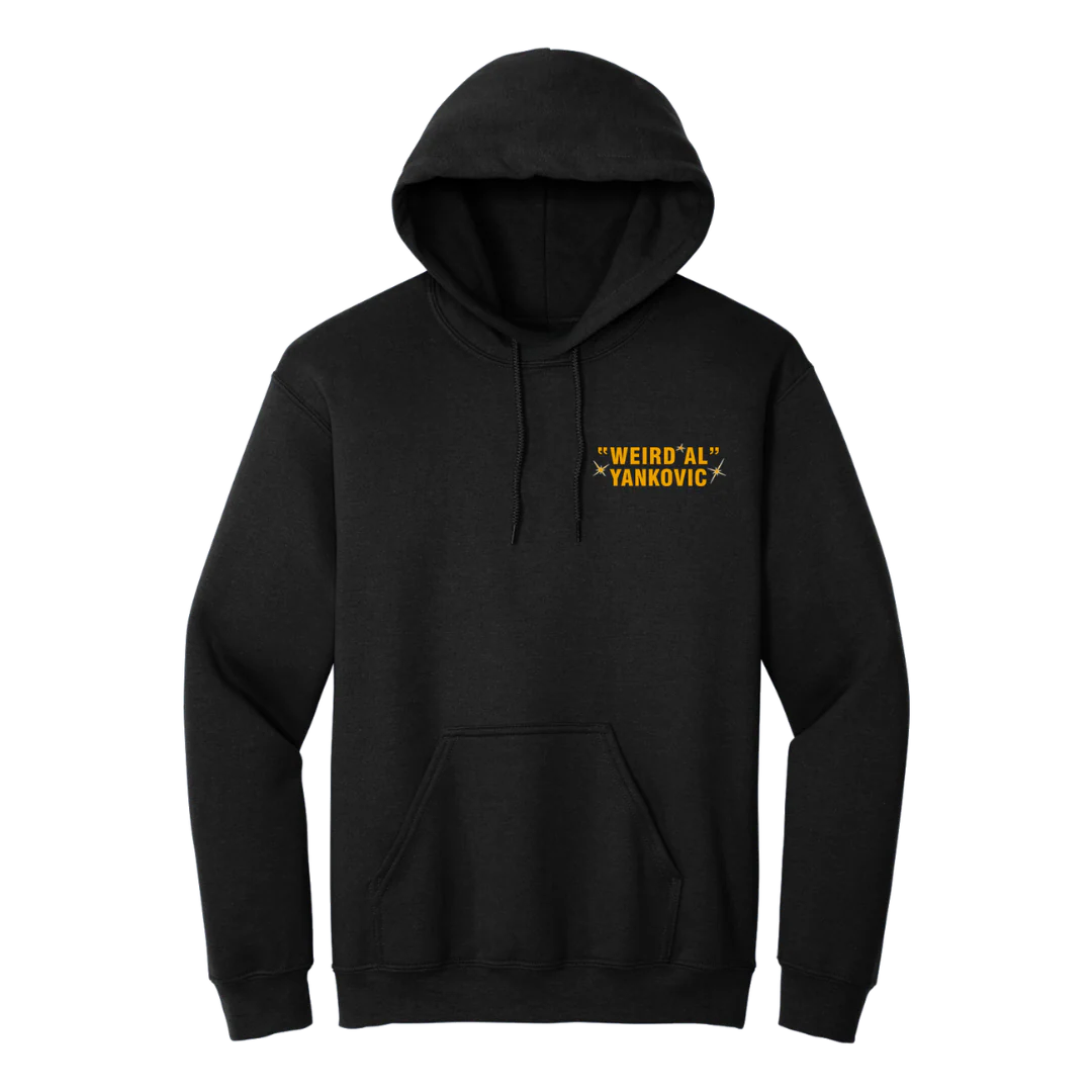 Black hoodie with yellow text on a white background