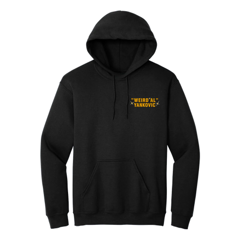 Black hoodie with yellow text on a white background