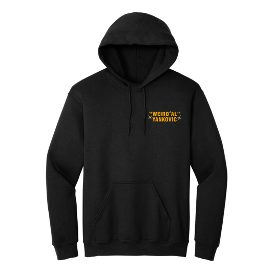 Black hoodie with yellow text on a white background