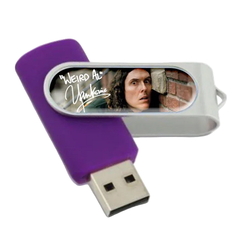 USB flash drive with 'Weird Al' Yankovic branding and a photo of a person on a white background
