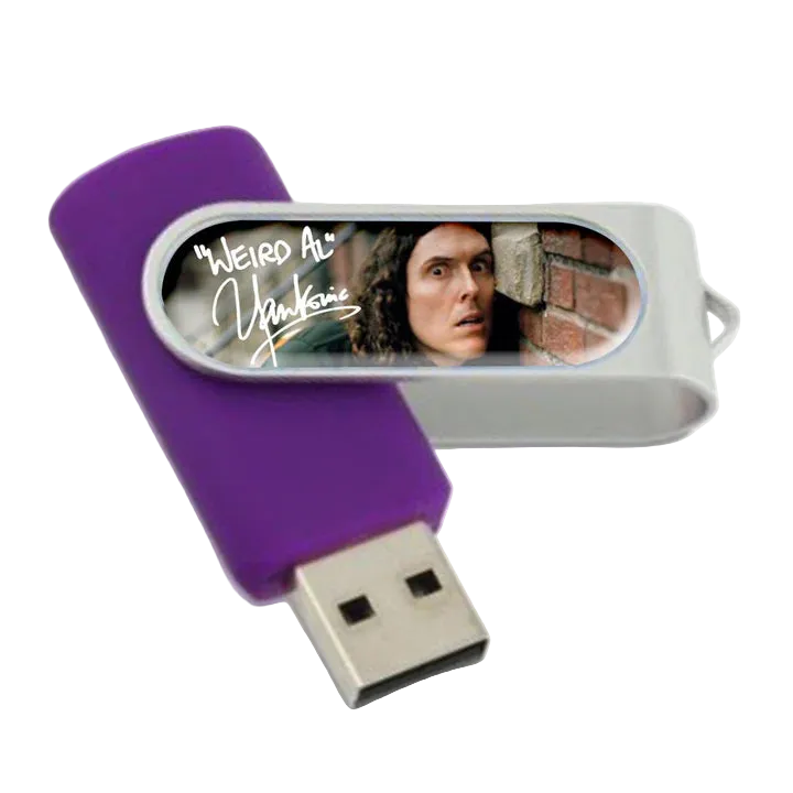 USB flash drive with 'Weird Al' Yankovic branding and a photo of a person on a white background