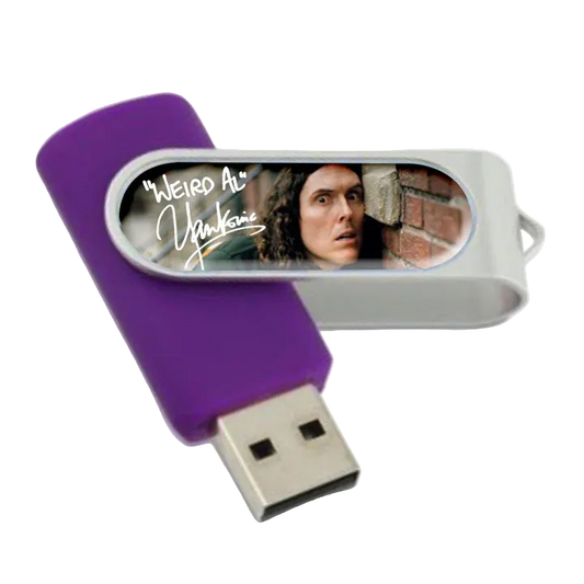 USB flash drive with 'Weird Al' Yankovic branding and a photo of a person on a white background