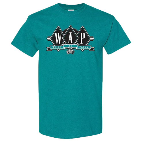 Teal t-shirt with 'WAP' logo on a white background